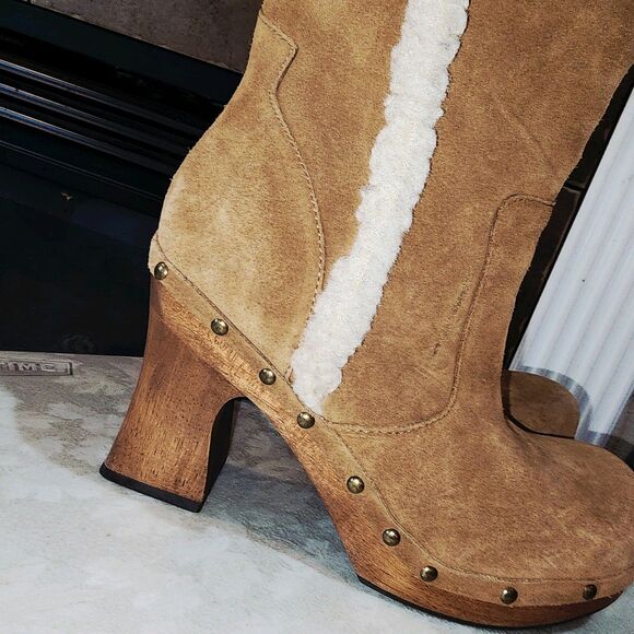 MIA Sz9 Y2K Tan Suede Faux Shearling Trim Retro Boho Hippie Wood Heel Clog Boots - Picture 3 of 11